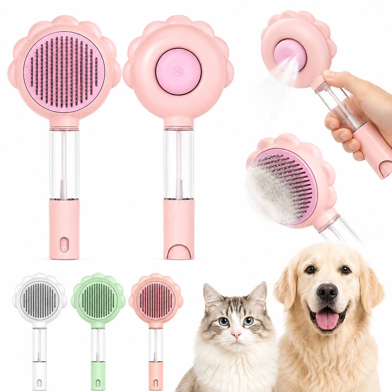 Self-Cleaning Pet Grooming Brush with Spray