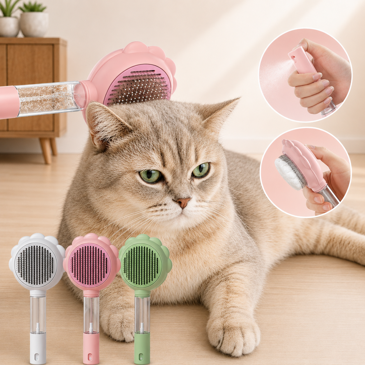 Self-Cleaning Pet Grooming Brush with Spray